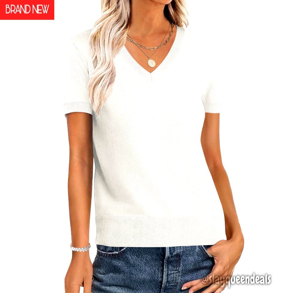 Women's Wool Blend V-Neck Short Sleeve Pullover Sweater Business Casual